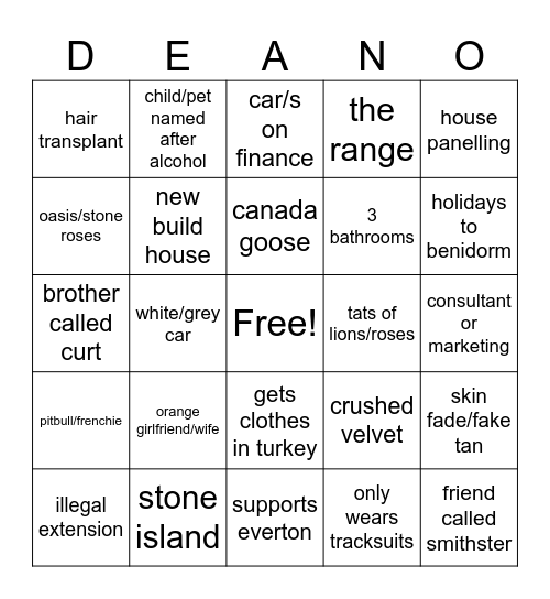 Deano Bingo Card