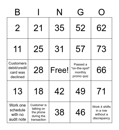 Casino Regina Bank Bingo Card