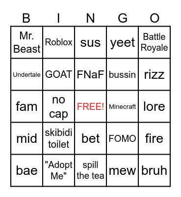 Gen Z to Gen Alpha Bingo Card