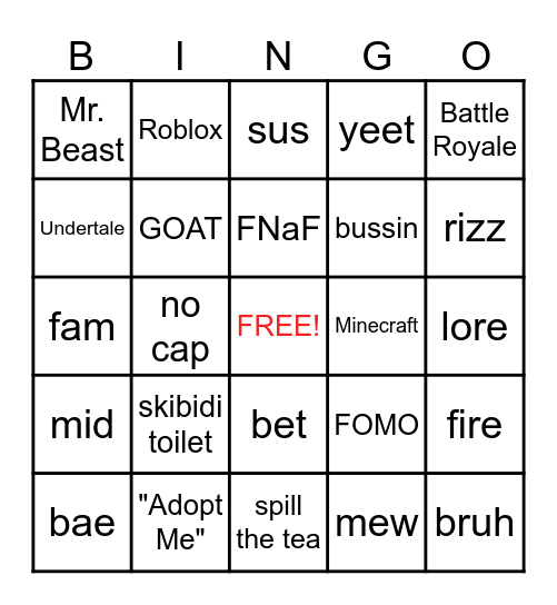 Gen Z to Gen Alpha Bingo Card