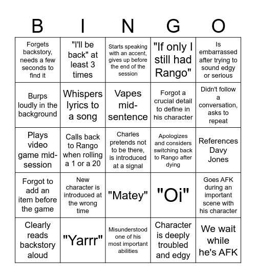 New character Bingo Card