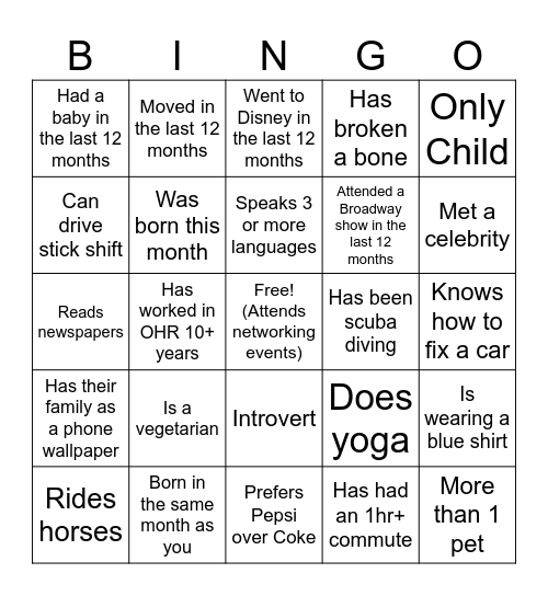 OHR Networking Session Bingo Card