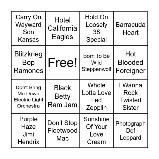 Rock Music Bingo Card