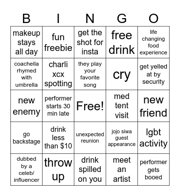 Coachella 2024 Bingo Card