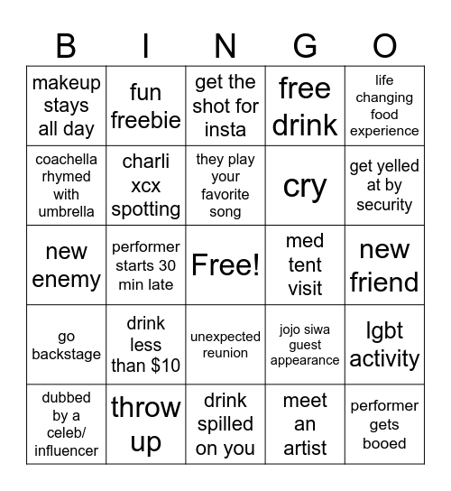 Coachella 2024 Bingo Card