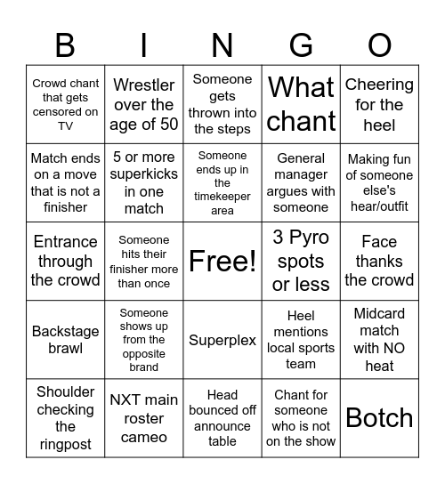 WWE TV Bingo Card