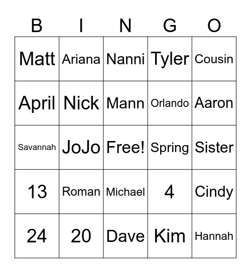 Family Fun Times Bingo Card