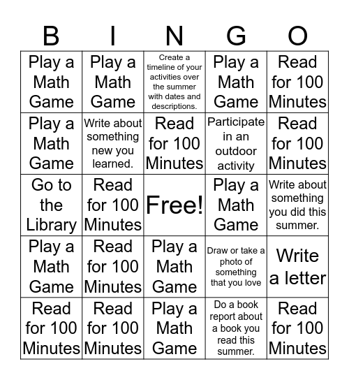 Hope Learning Academy Summer Bingo for Middle School Bingo Card