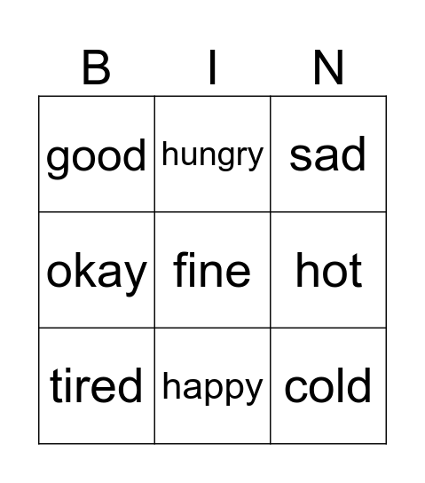 Emotions Bingo Card