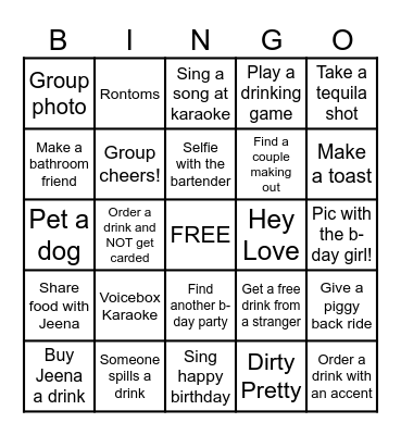 Jeena's 30th Birthday Bar Hop! Bingo Card