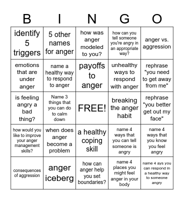 Anger Management Bingo Card