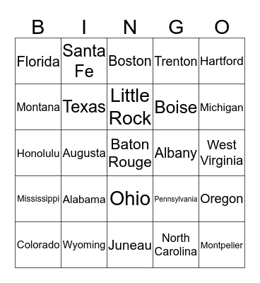 States and Capitals Version 1 Bingo Card