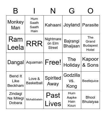 Bridal Bingo: Farzana's Feature Films Bingo Card