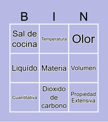 La materia Bingo Card