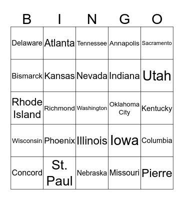 States and Capitals Version 2 Bingo Card