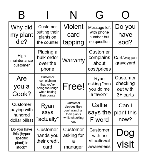 Cook's Farm and Greenhouse Bingo Card