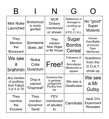 Fallout TV Show Bingo Card