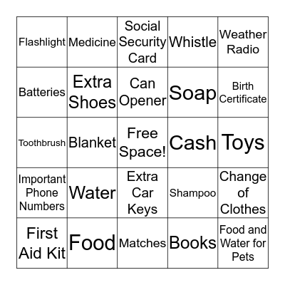 Disaster Kit Bingo Card