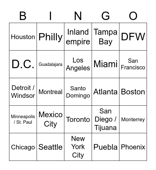 Biggest Metros in N. America Bingo Card