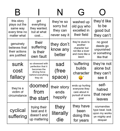 tragic character bingo Card