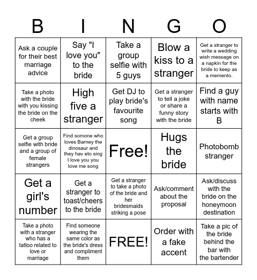 Bachelorette Bingo Card