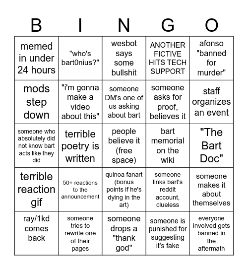 THIS IS THE DEATH OF U/BART0NIUS... Bingo Card