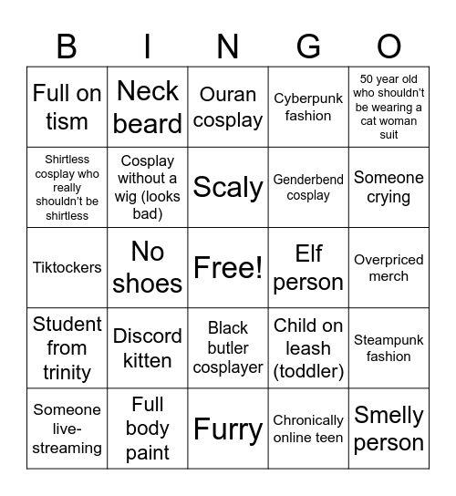 Cosplay Bingo Card