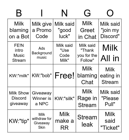 Milk Stream Bingo Card
