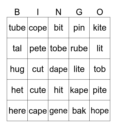 Magic E Bingo Card