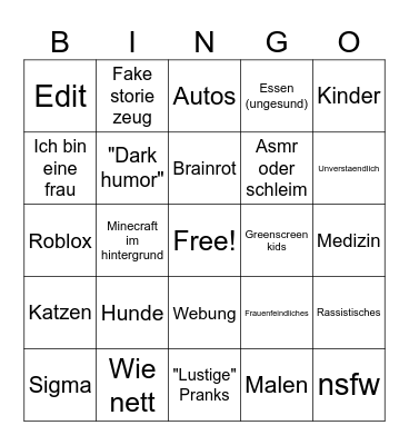 Youtube Shorts Bingo Card