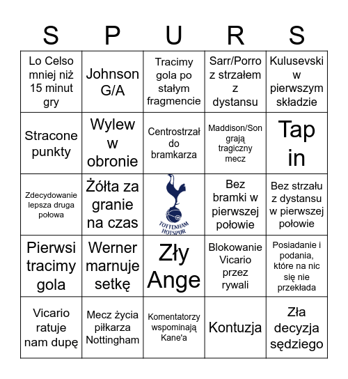 Tottenham vs Notts Bingo Card
