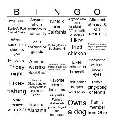 "We Are Family" 2016 Ice Breaker Bingo Card