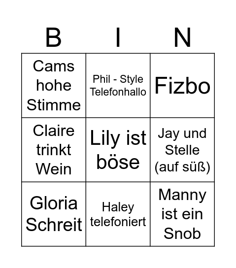 Modern Family Bingo Card