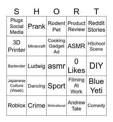 Shorts Bingo Card