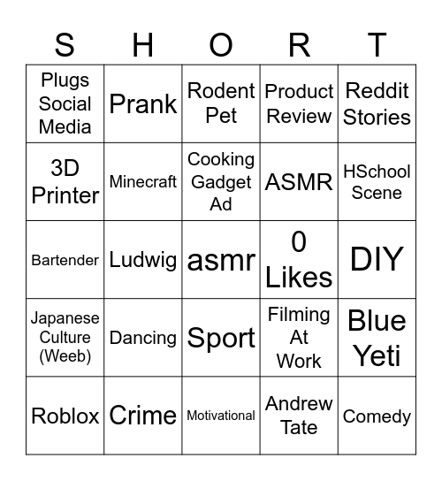 Shorts Bingo Card