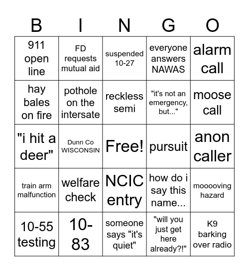 Telecommunicator Week Bingo Card