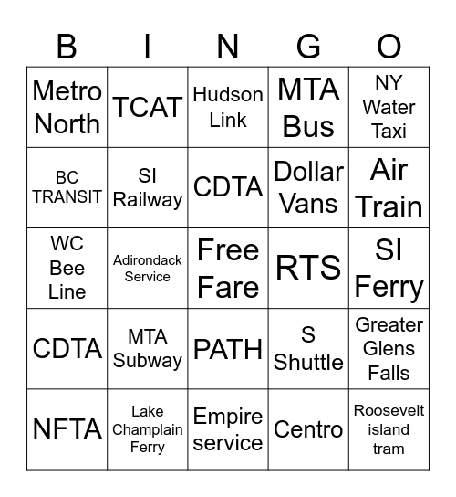 NYS TRANSIT BINGO Card