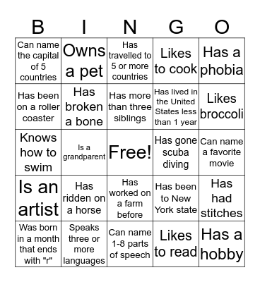 Getting to Know You Bingo Card