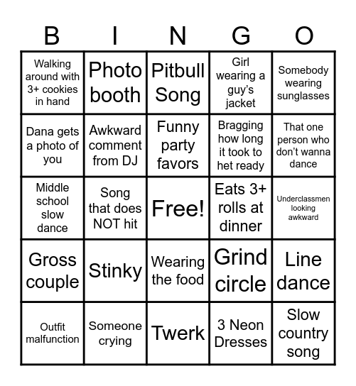 Prom Bingo Card