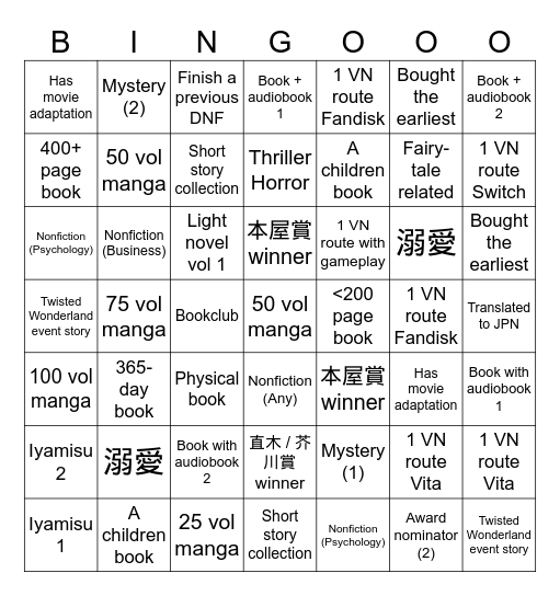 2024 JPN READING Bingo Card