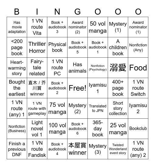 2024 JPN READING Bingo Card