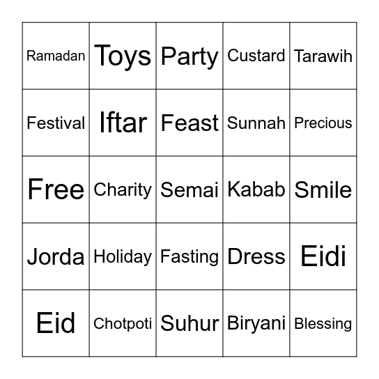 Eid Party Bingo 2024 Bingo Card