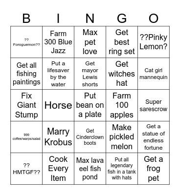 Stardew Valley Challenge Bingo card Squid Bingo Card