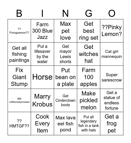 Stardew Valley Challenge Bingo card Squid Bingo Card