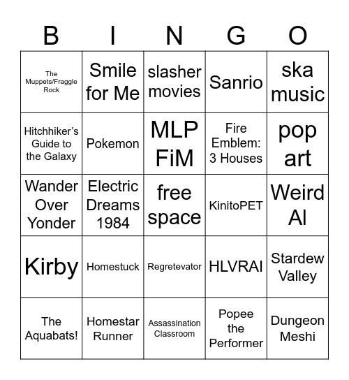 Eddie Interest Bingo Card