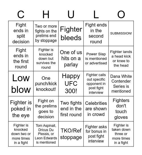 UFC 300 CHULO 3 Bingo Card