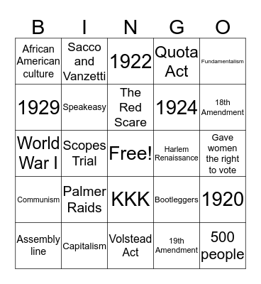 1920s Bingo  Bingo Card