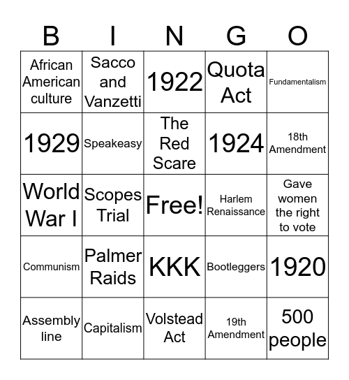 1920s Bingo  Bingo Card