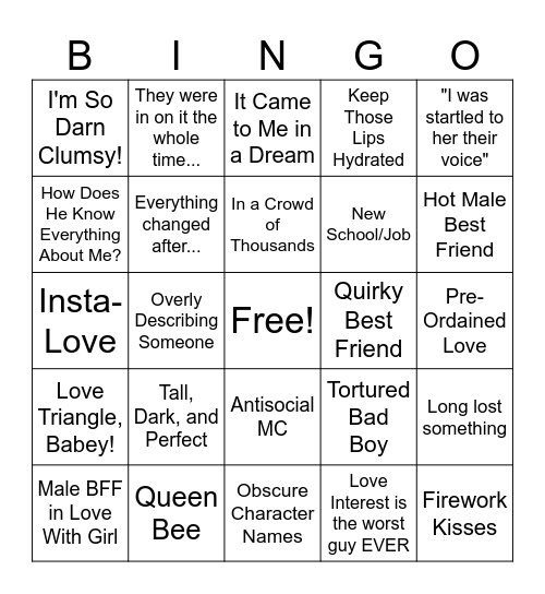 Bad Book Bingo Card