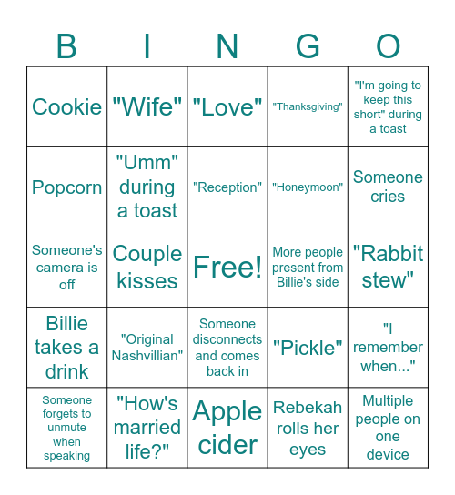 Reception Bingo Card